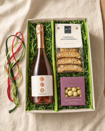 Gourmet Geschenk Rosa Dolce Vita – Geschenkkorb von oben mit allen Produkten