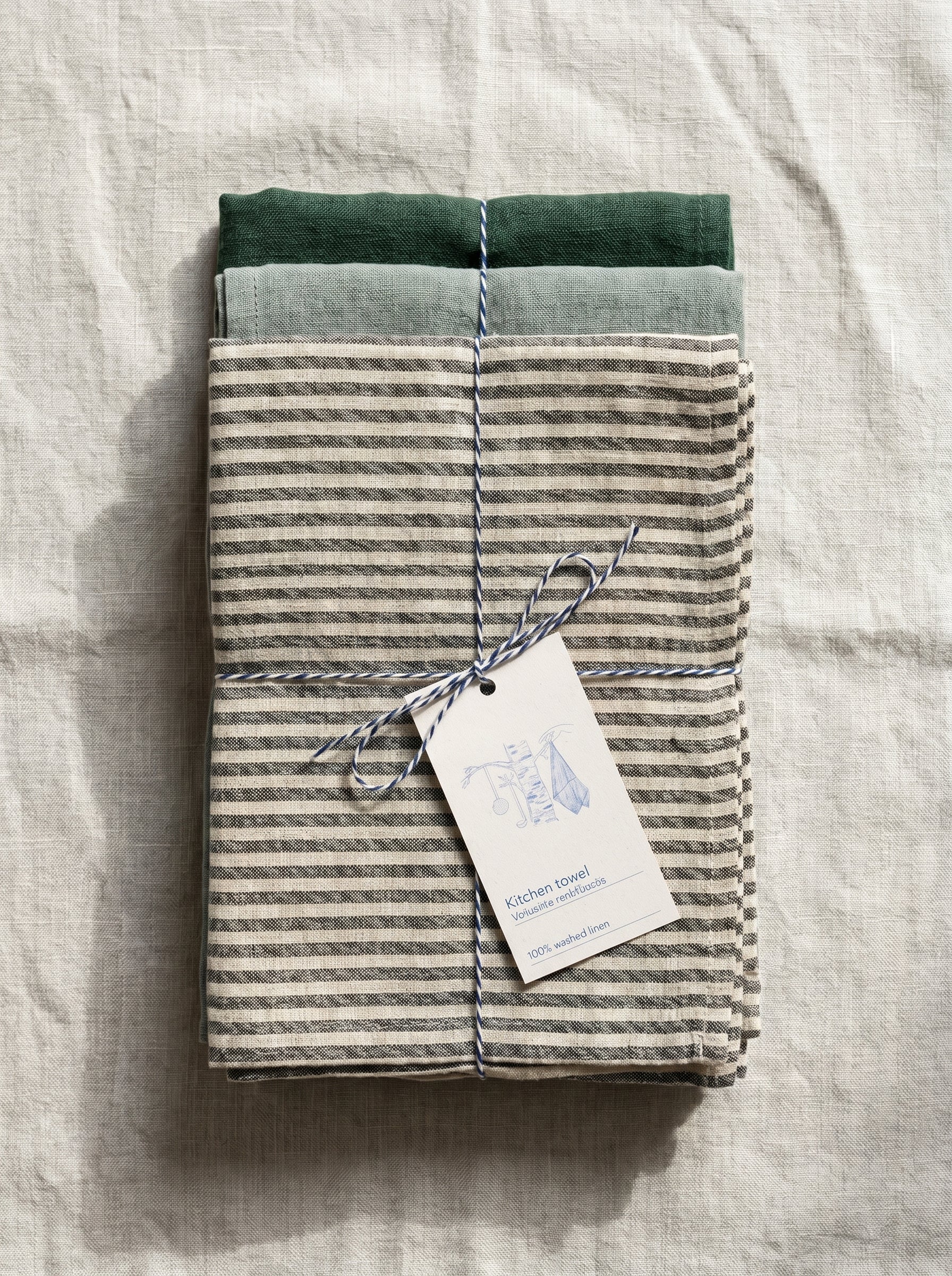 Leinen Geschirrtücher 3er-Set Bistro – Forest Green, Thin Black Stripes, Green Milieu von Linen Tales