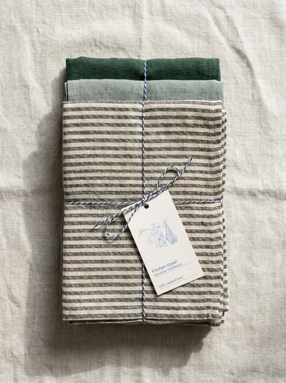 Leinen Geschirrtücher 3er-Set Bistro – Forest Green, Thin Black Stripes, Green Milieu von Linen Tales