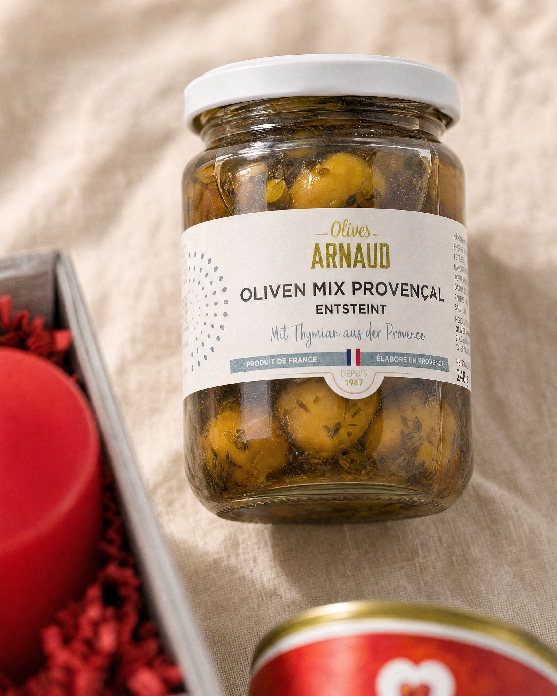 Arnaud Oliven Mix Provençal entsteint im Geschenkkorb Candle Light Dinner