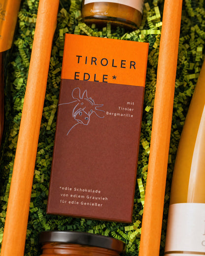 Tiroler Edle Schokolade mit Marille im Geschenkkorb Gourmet Geschenk Marillenzauber