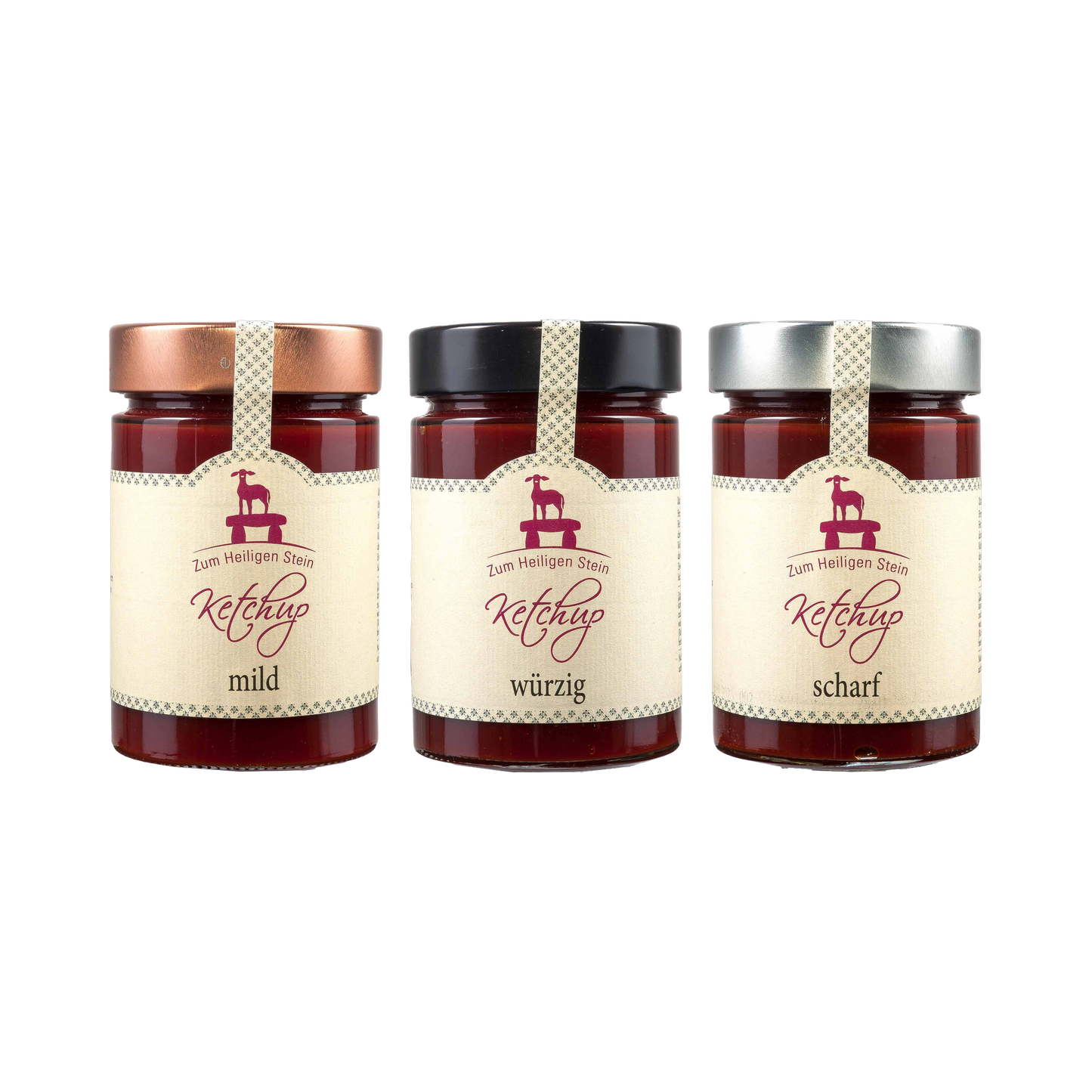 Ketchup-Probierset 3 × 400 g — mild, würzig, scharf, Zum heiligen Stein