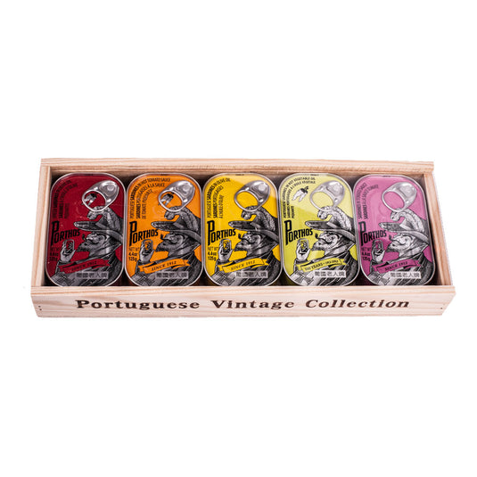 Porthos Sardinendosen Geschenk in Holzkiste 5 x 125g